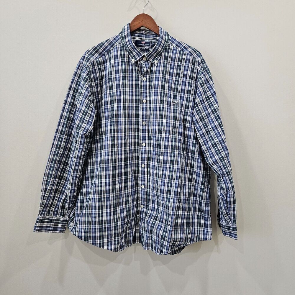 Vineyard Vines Mens Plaid Slim Fit Tucker Button Down Shirt XXL Blue Logo Casual